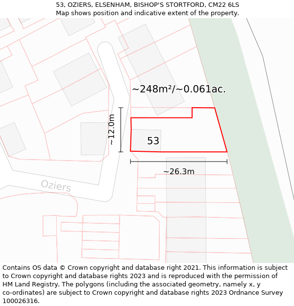 53, OZIERS, ELSENHAM, BISHOP'S STORTFORD, CM22 6LS: Plot and title map