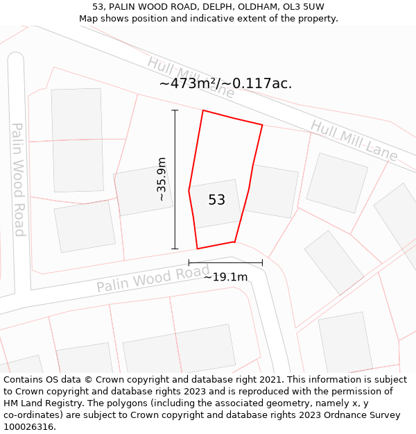 53, PALIN WOOD ROAD, DELPH, OLDHAM, OL3 5UW: Plot and title map