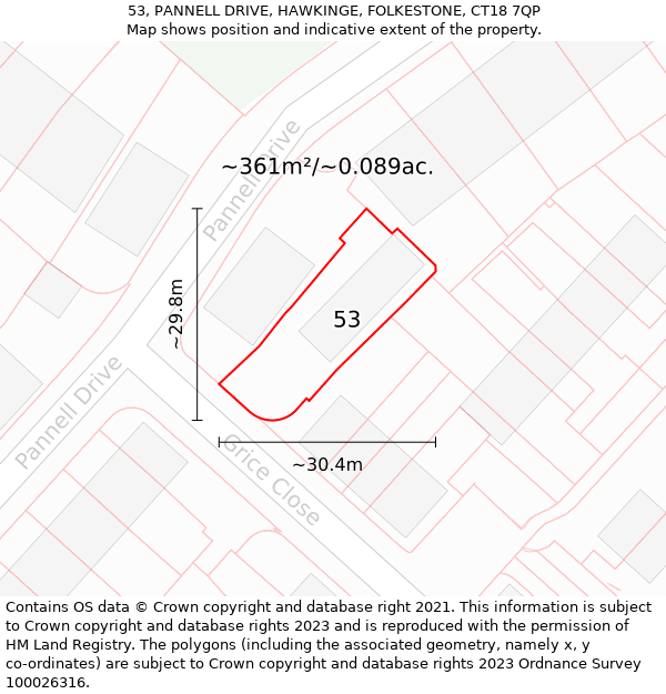 53, PANNELL DRIVE, HAWKINGE, FOLKESTONE, CT18 7QP: Plot and title map