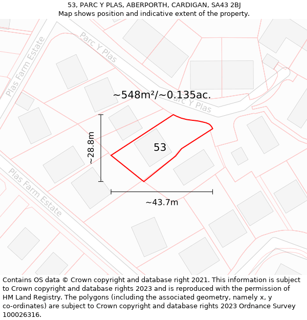 53, PARC Y PLAS, ABERPORTH, CARDIGAN, SA43 2BJ: Plot and title map