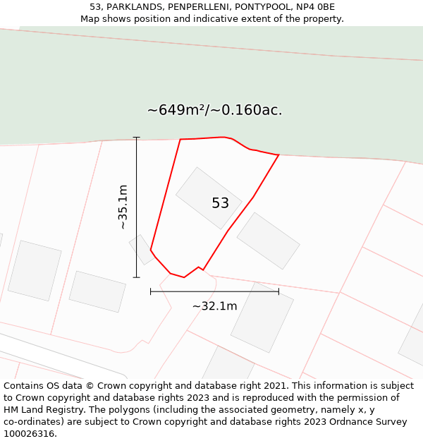 53, PARKLANDS, PENPERLLENI, PONTYPOOL, NP4 0BE: Plot and title map