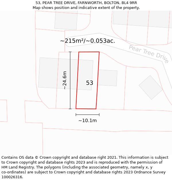 53, PEAR TREE DRIVE, FARNWORTH, BOLTON, BL4 9RR: Plot and title map