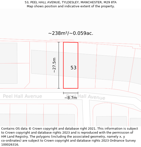 53, PEEL HALL AVENUE, TYLDESLEY, MANCHESTER, M29 8TA: Plot and title map