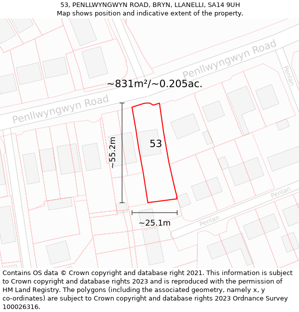 53, PENLLWYNGWYN ROAD, BRYN, LLANELLI, SA14 9UH: Plot and title map