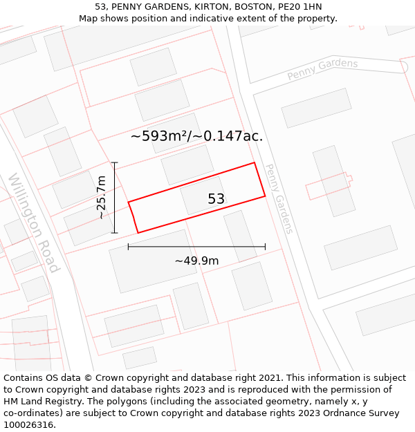 53, PENNY GARDENS, KIRTON, BOSTON, PE20 1HN: Plot and title map