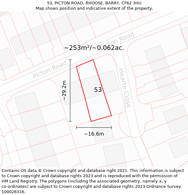 53, PICTON ROAD, RHOOSE, BARRY, CF62 3HU: Plot and title map