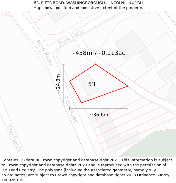 53, PITTS ROAD, WASHINGBOROUGH, LINCOLN, LN4 1BH: Plot and title map