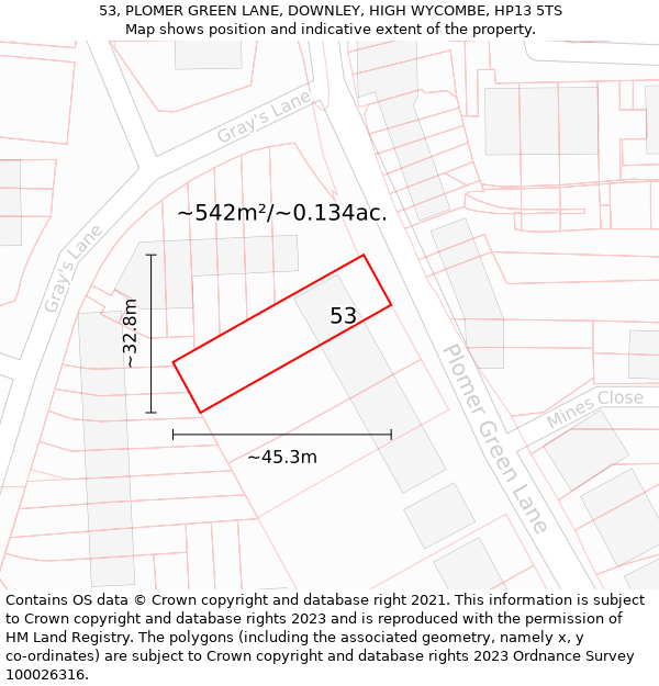 53, PLOMER GREEN LANE, DOWNLEY, HIGH WYCOMBE, HP13 5TS: Plot and title map