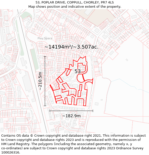 53, POPLAR DRIVE, COPPULL, CHORLEY, PR7 4LS: Plot and title map