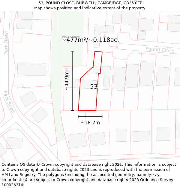 53, POUND CLOSE, BURWELL, CAMBRIDGE, CB25 0EP: Plot and title map