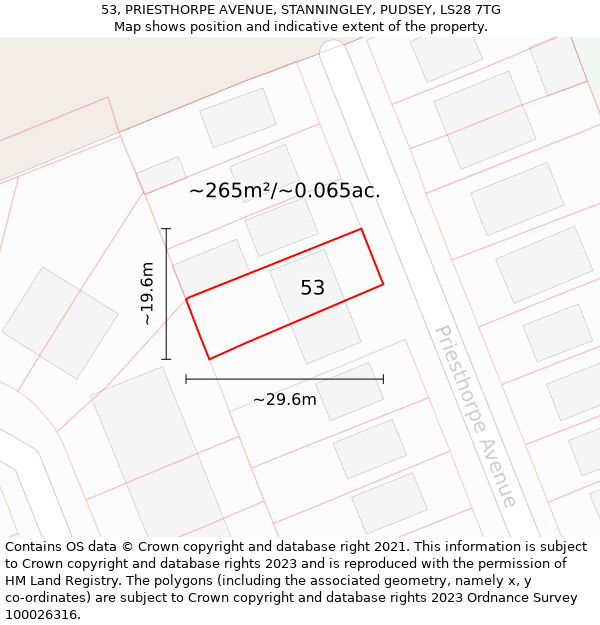 53, PRIESTHORPE AVENUE, STANNINGLEY, PUDSEY, LS28 7TG: Plot and title map