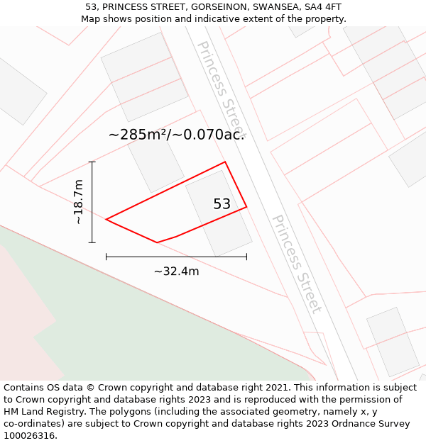 53, PRINCESS STREET, GORSEINON, SWANSEA, SA4 4FT: Plot and title map