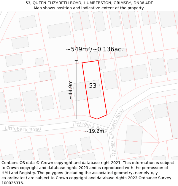 53, QUEEN ELIZABETH ROAD, HUMBERSTON, GRIMSBY, DN36 4DE: Plot and title map