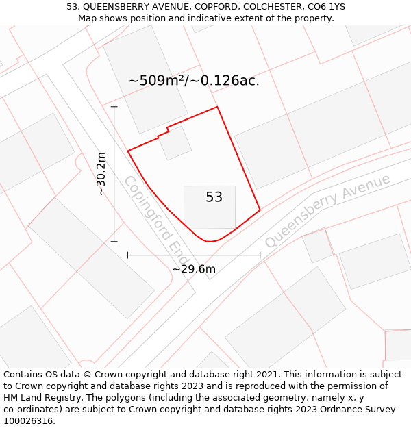 53, QUEENSBERRY AVENUE, COPFORD, COLCHESTER, CO6 1YS: Plot and title map