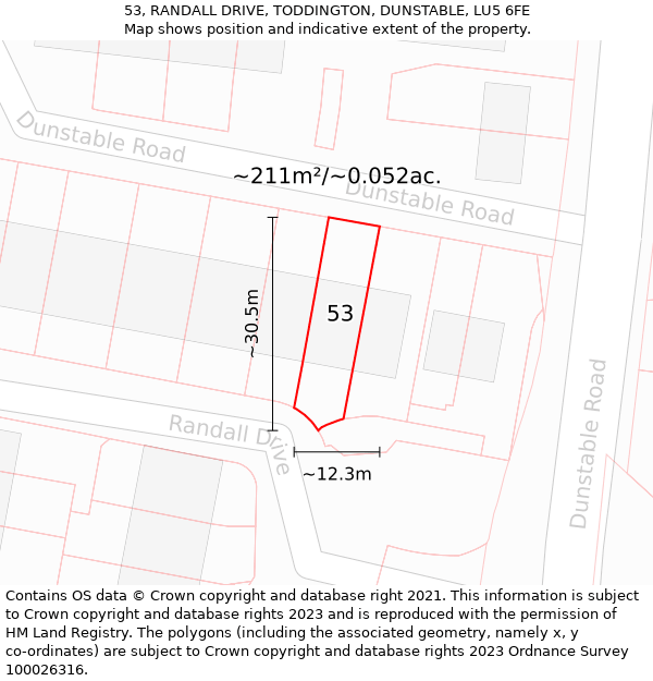 53, RANDALL DRIVE, TODDINGTON, DUNSTABLE, LU5 6FE: Plot and title map