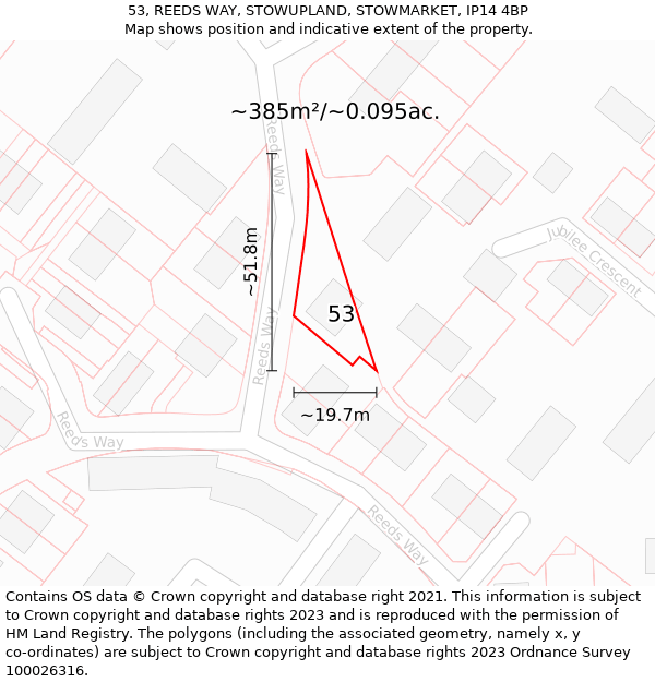 53, REEDS WAY, STOWUPLAND, STOWMARKET, IP14 4BP: Plot and title map