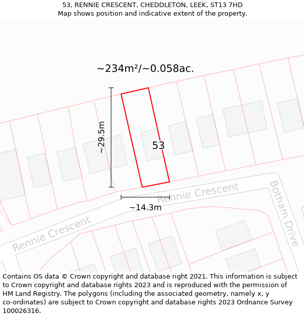 53, RENNIE CRESCENT, CHEDDLETON, LEEK, ST13 7HD: Plot and title map