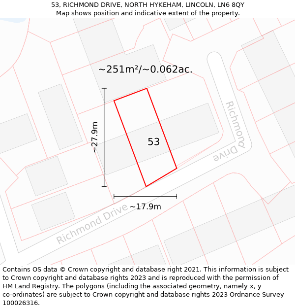 53, RICHMOND DRIVE, NORTH HYKEHAM, LINCOLN, LN6 8QY: Plot and title map