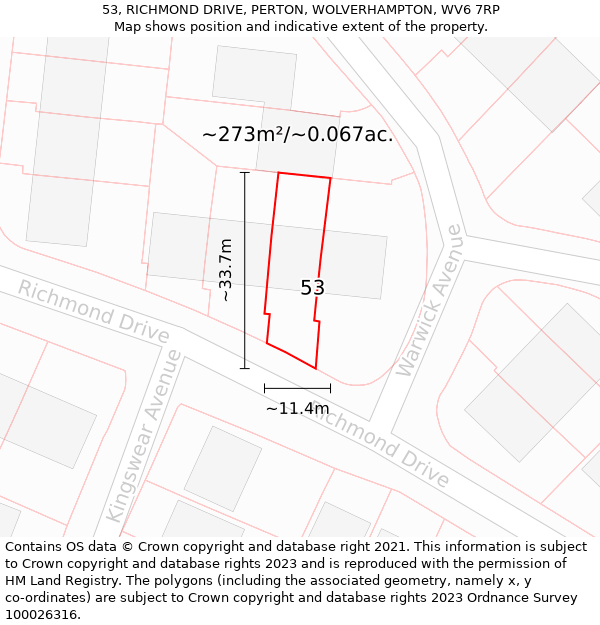 53, RICHMOND DRIVE, PERTON, WOLVERHAMPTON, WV6 7RP: Plot and title map