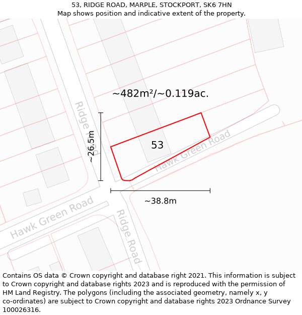 53, RIDGE ROAD, MARPLE, STOCKPORT, SK6 7HN: Plot and title map