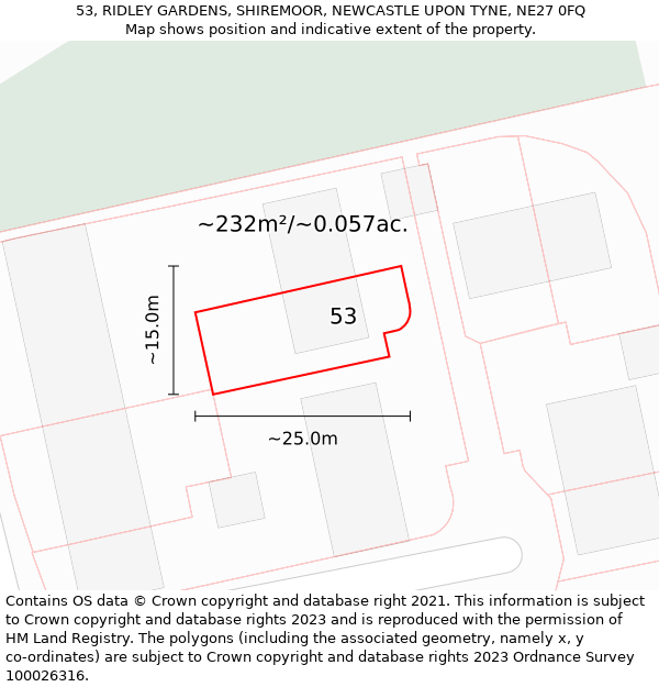 53, RIDLEY GARDENS, SHIREMOOR, NEWCASTLE UPON TYNE, NE27 0FQ: Plot and title map