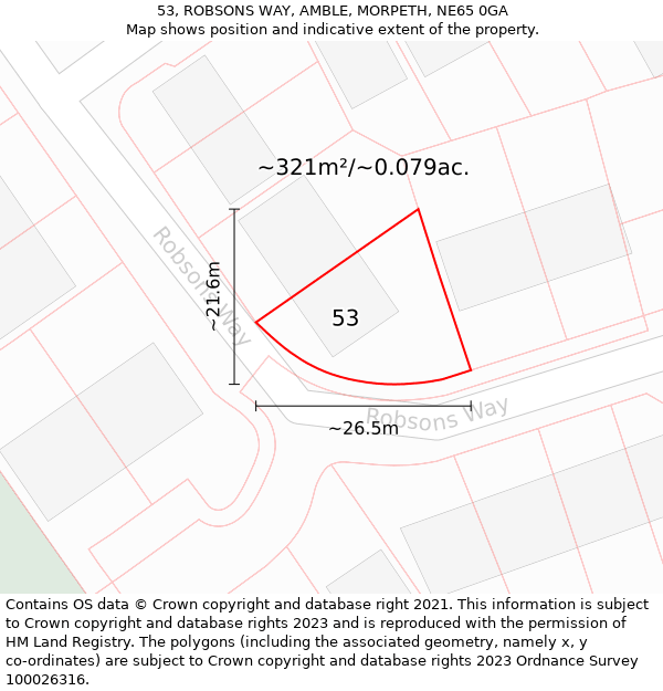 53, ROBSONS WAY, AMBLE, MORPETH, NE65 0GA: Plot and title map