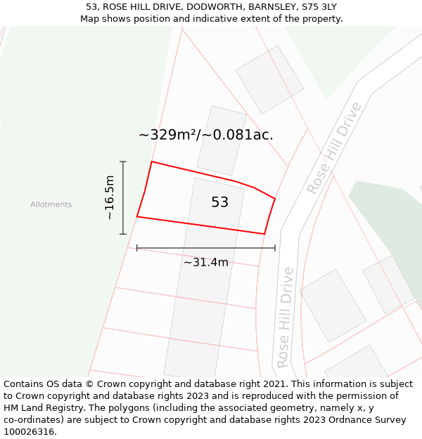 53, ROSE HILL DRIVE, DODWORTH, BARNSLEY, S75 3LY: Plot and title map