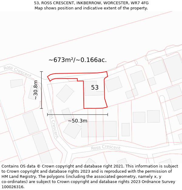 53, ROSS CRESCENT, INKBERROW, WORCESTER, WR7 4FG: Plot and title map
