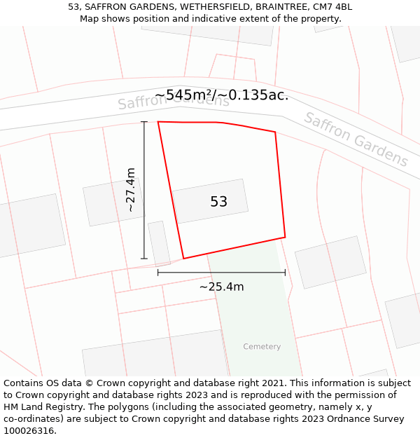 53, SAFFRON GARDENS, WETHERSFIELD, BRAINTREE, CM7 4BL: Plot and title map