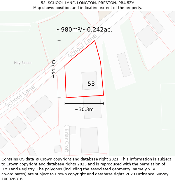 53, SCHOOL LANE, LONGTON, PRESTON, PR4 5ZA: Plot and title map