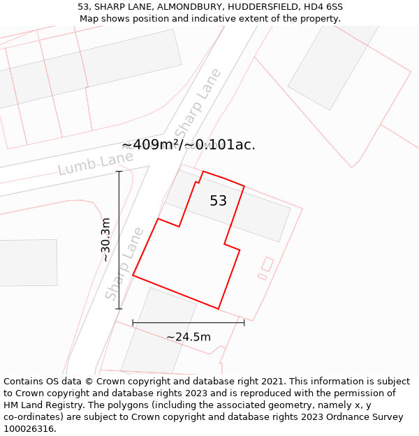 53, SHARP LANE, ALMONDBURY, HUDDERSFIELD, HD4 6SS: Plot and title map