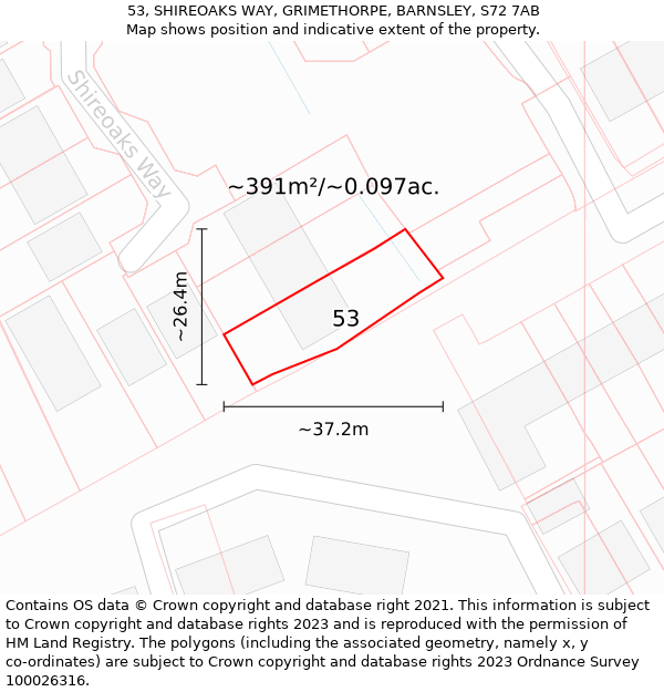 53, SHIREOAKS WAY, GRIMETHORPE, BARNSLEY, S72 7AB: Plot and title map