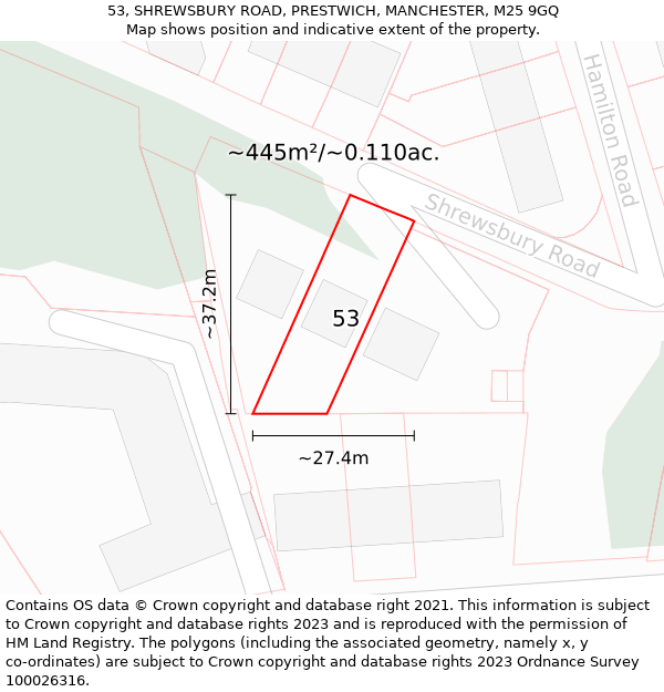 53, SHREWSBURY ROAD, PRESTWICH, MANCHESTER, M25 9GQ: Plot and title map