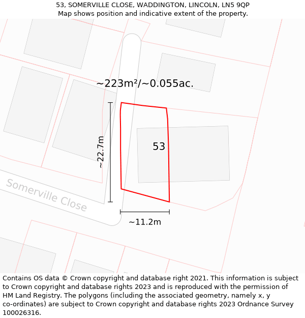 53, SOMERVILLE CLOSE, WADDINGTON, LINCOLN, LN5 9QP: Plot and title map