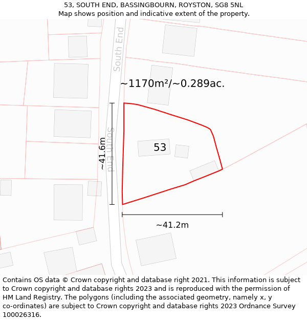 53, SOUTH END, BASSINGBOURN, ROYSTON, SG8 5NL: Plot and title map