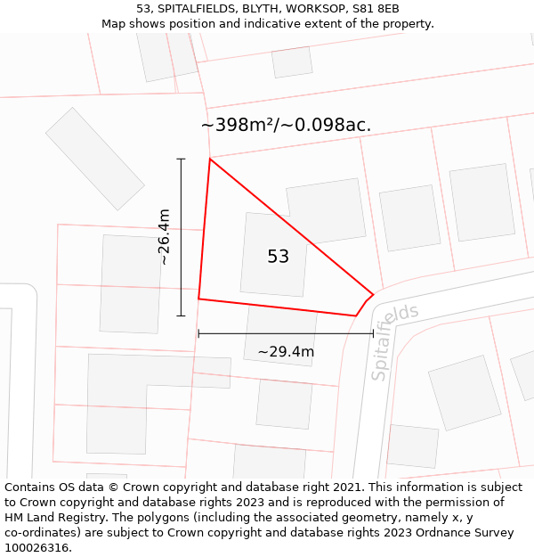 53, SPITALFIELDS, BLYTH, WORKSOP, S81 8EB: Plot and title map