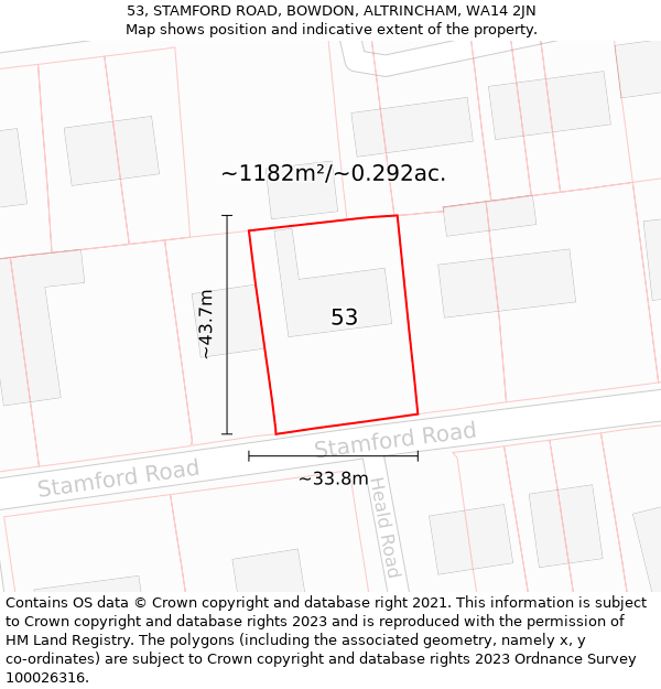 53, STAMFORD ROAD, BOWDON, ALTRINCHAM, WA14 2JN: Plot and title map