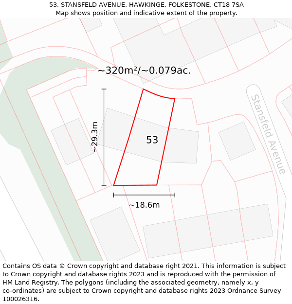 53, STANSFELD AVENUE, HAWKINGE, FOLKESTONE, CT18 7SA: Plot and title map