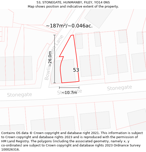 53, STONEGATE, HUNMANBY, FILEY, YO14 0NS: Plot and title map