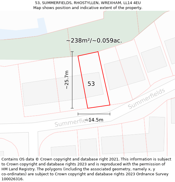 53, SUMMERFIELDS, RHOSTYLLEN, WREXHAM, LL14 4EU: Plot and title map