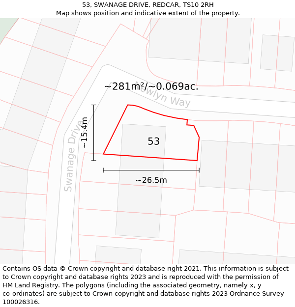 53, SWANAGE DRIVE, REDCAR, TS10 2RH: Plot and title map