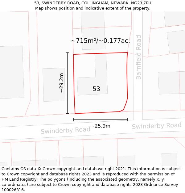 53, SWINDERBY ROAD, COLLINGHAM, NEWARK, NG23 7PH: Plot and title map