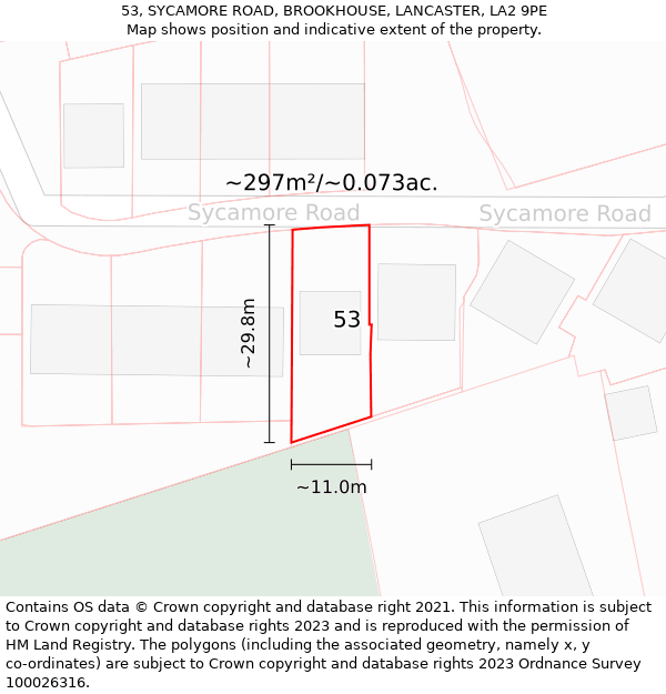 53, SYCAMORE ROAD, BROOKHOUSE, LANCASTER, LA2 9PE: Plot and title map