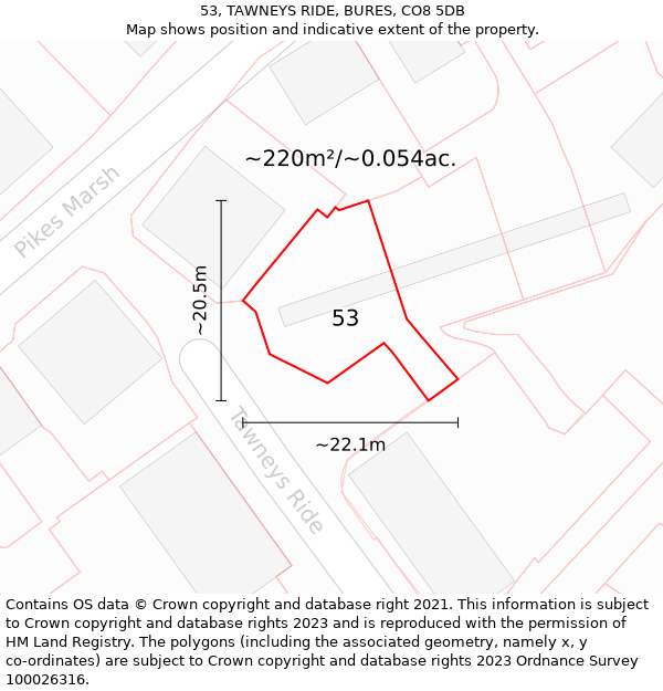 53, TAWNEYS RIDE, BURES, CO8 5DB: Plot and title map