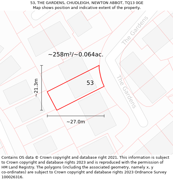 53, THE GARDENS, CHUDLEIGH, NEWTON ABBOT, TQ13 0GE: Plot and title map