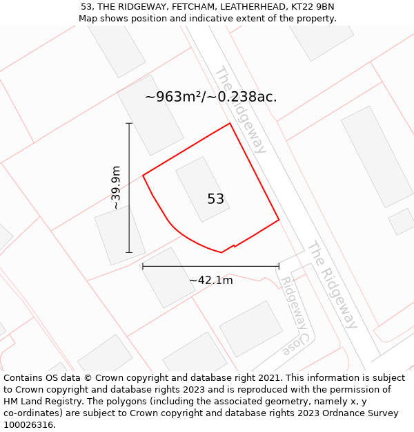 53, THE RIDGEWAY, FETCHAM, LEATHERHEAD, KT22 9BN: Plot and title map