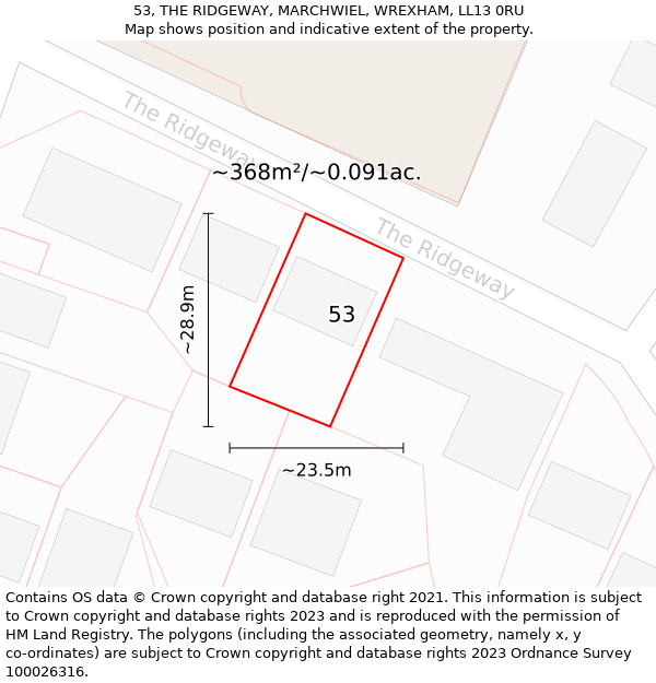 53, THE RIDGEWAY, MARCHWIEL, WREXHAM, LL13 0RU: Plot and title map