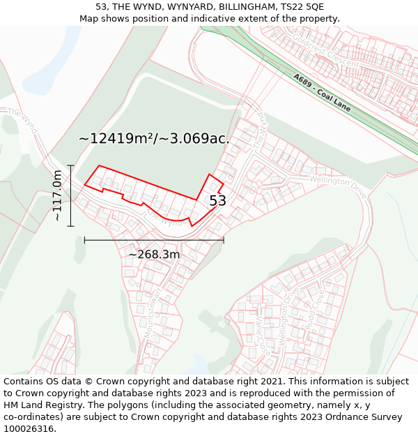 53, THE WYND, WYNYARD, BILLINGHAM, TS22 5QE: Plot and title map