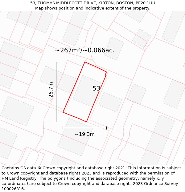 53, THOMAS MIDDLECOTT DRIVE, KIRTON, BOSTON, PE20 1HU: Plot and title map