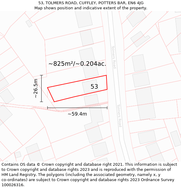 53, TOLMERS ROAD, CUFFLEY, POTTERS BAR, EN6 4JG: Plot and title map